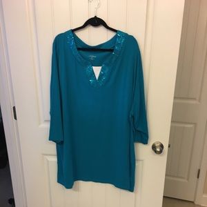 Knit tunic with sequin accent, teal